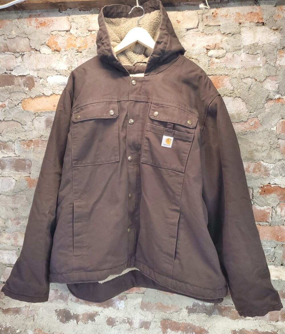 Carhartt Mens Hooded Jacket 2XL Dark Brown Sherpa Lined Snap Closure